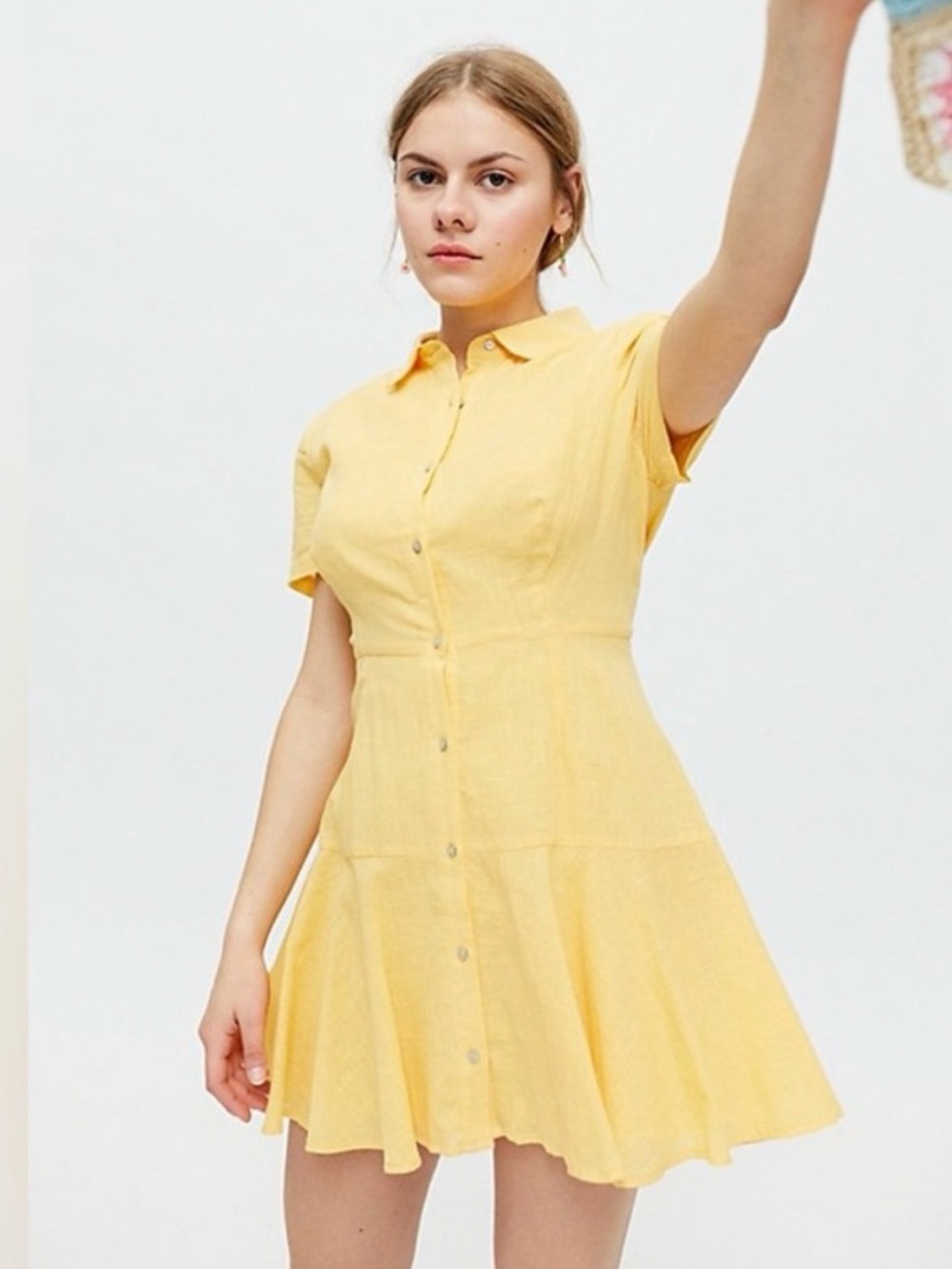 Urban Outfitters Noyack Pale Yellow Button-Front Mini Shirtdress